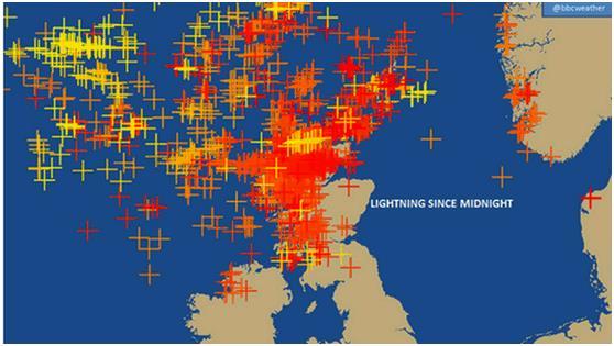 Map shows more than 5,000 lightning strikes across north in two days