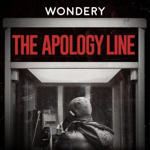 The image of a man in a telephone box with the receiver to his ear, with the words The Apology Line at the top of the callbox