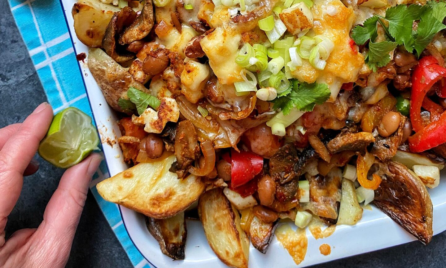 Cook up this easy Mexican-style loaded wedges with halloumi